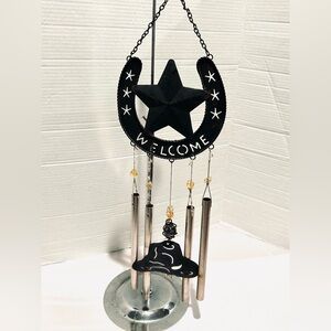 Rustic Lucky Horseshoe Barn Style Wind Chime With A Western Cowboy Hat